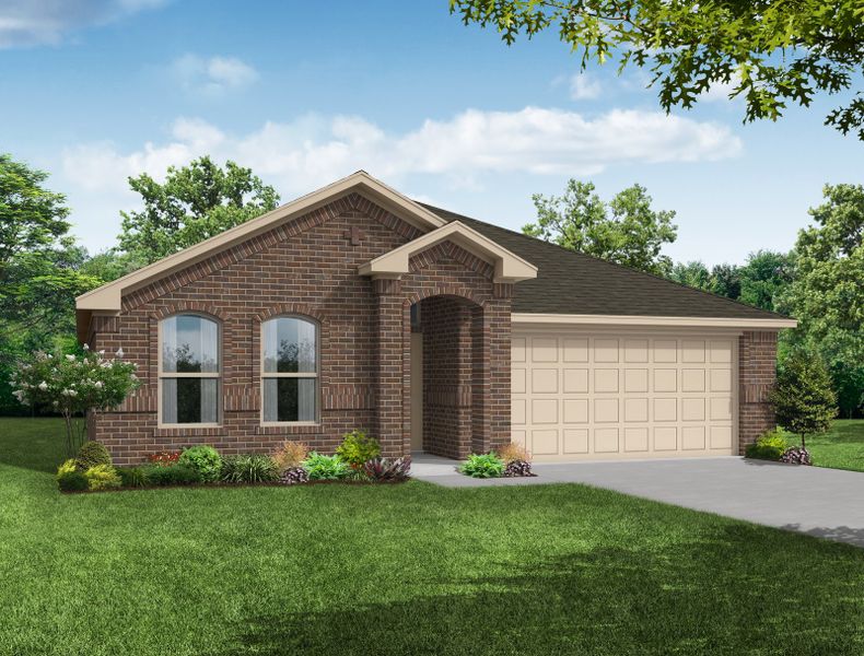 Representative exterior photo of a completed home built from the Atlanta by Impression Homes in Keeneland, Aubrey, TX (Image 1). Representative exterior photo of a completed home built from the Atlanta by Impression Homes in Keeneland, Aubrey, TX (Image 1).