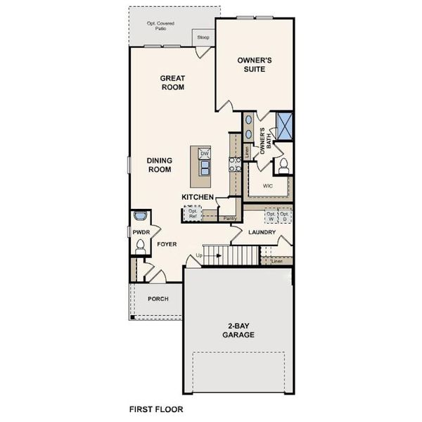 First floor layout features an integrated kitchen, dining, and great room, alongside a private owner's suite. First floor layout features an integrated kitchen, dining, and great room, alongside a private owner's suite.