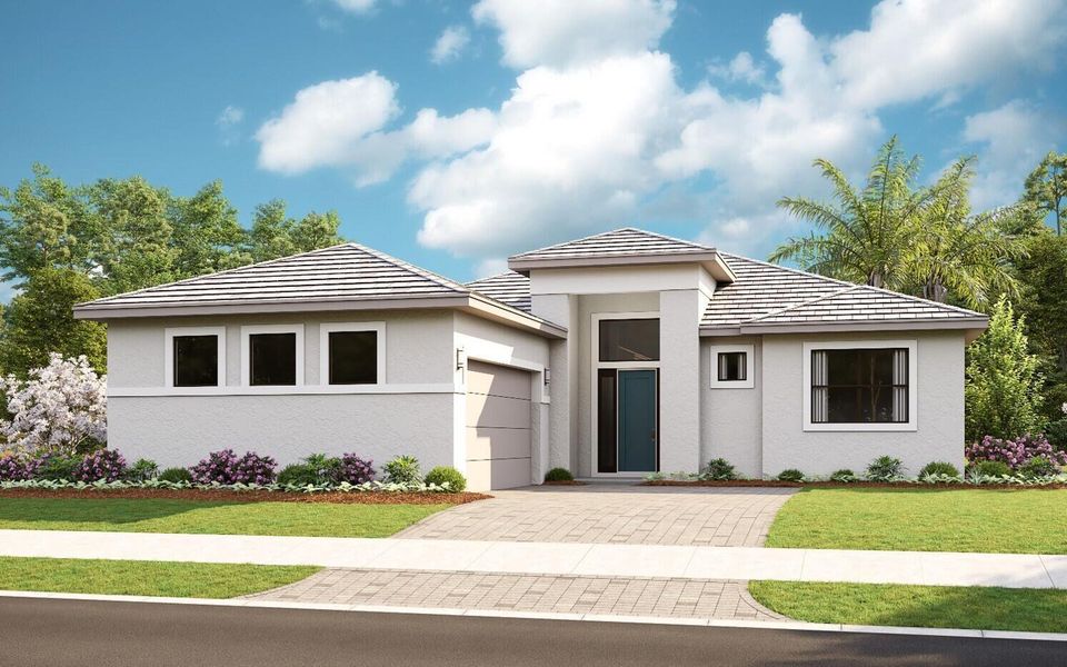 Front exterior of a new home in Mosaic, Port St. Lucie, FL, highlighting curb appeal (Image 1). Front exterior of a new home in Mosaic, Port St. Lucie, FL, highlighting curb appeal (Image 1).