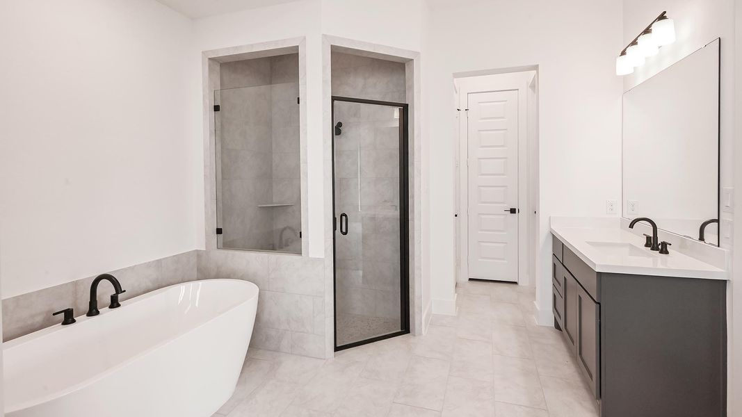 Full bath featuring a shower stall, a freestanding tub, and double vanity Full bath featuring a shower stall, a freestanding tub, and double vanity