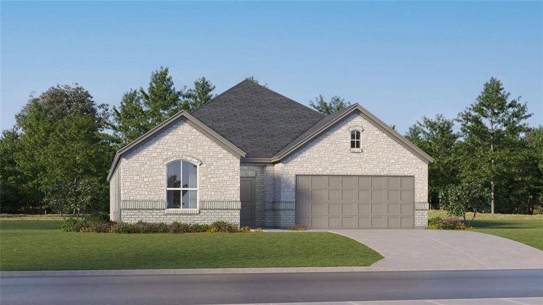 View of front facade with a garage and a front lawn