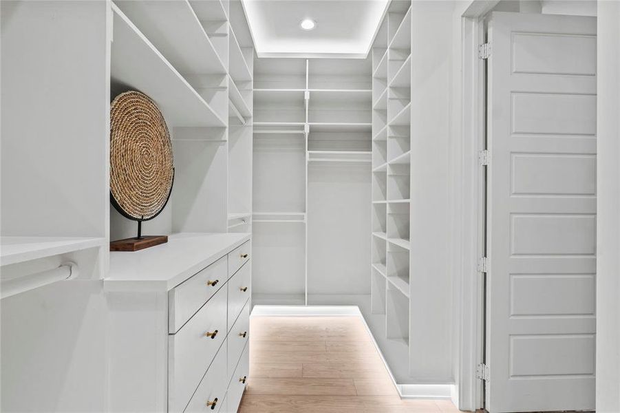 Spacious closet featuring light hardwood / wood-style floors