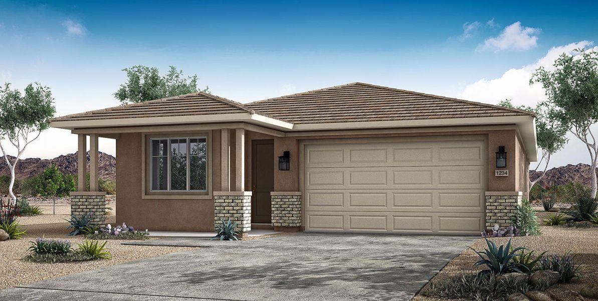 Front exterior of a new home in Mesquite at North Creek, Queen Creek, AZ, highlighting curb appeal (Image 16). Front exterior of a new home in Mesquite at North Creek, Queen Creek, AZ, highlighting curb appeal (Image 16).