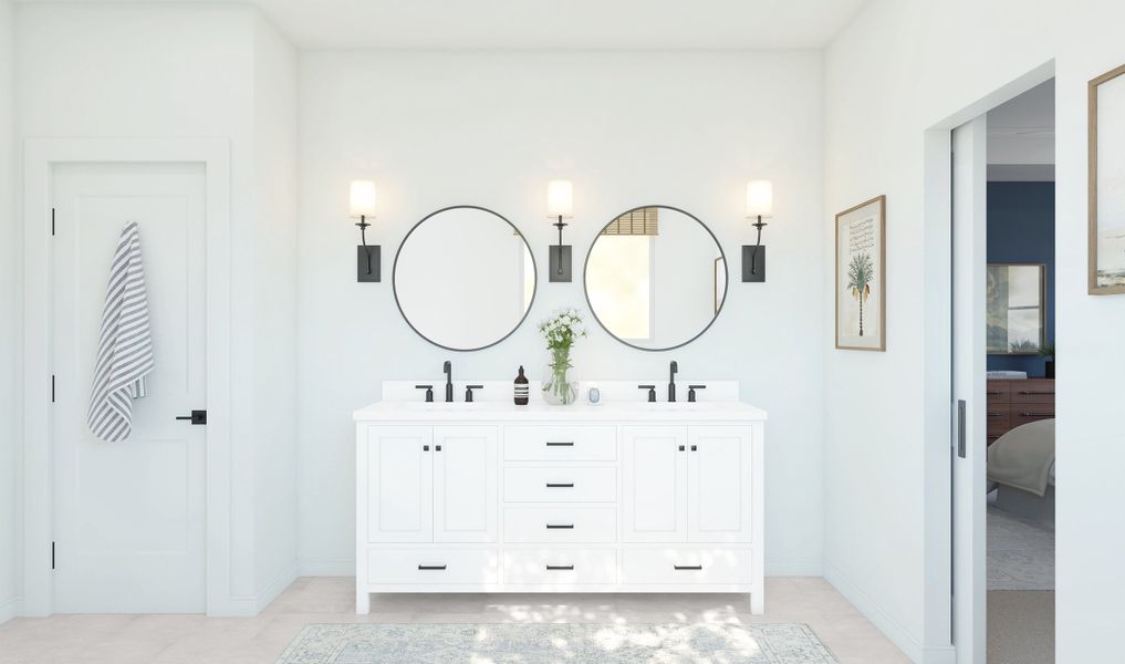 Primary bath with freestanding vanity