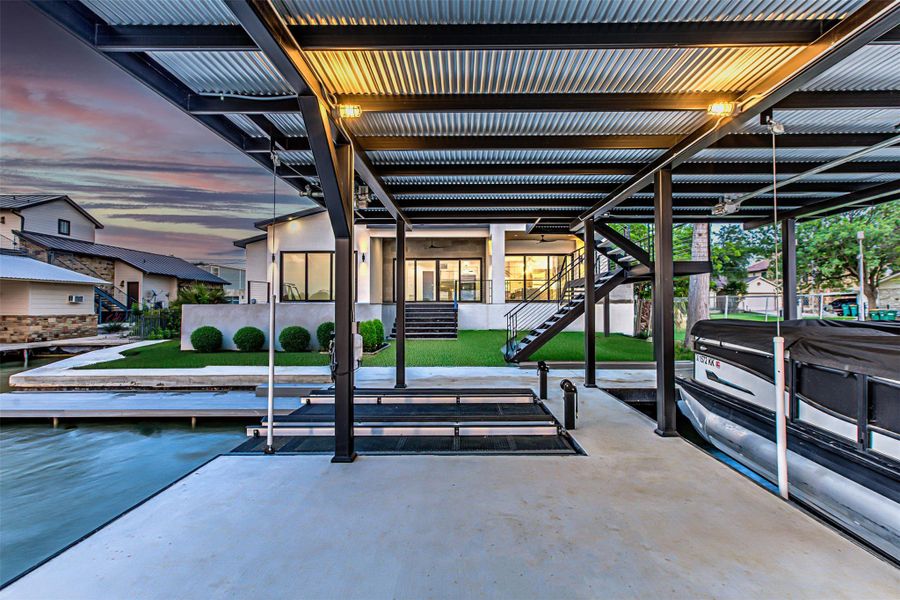 View of patio featuring stairway