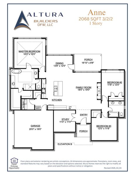 2D floor plan layout for the Anne by Altura Homes in Talbott Estates, Howe, TX (Image 3).