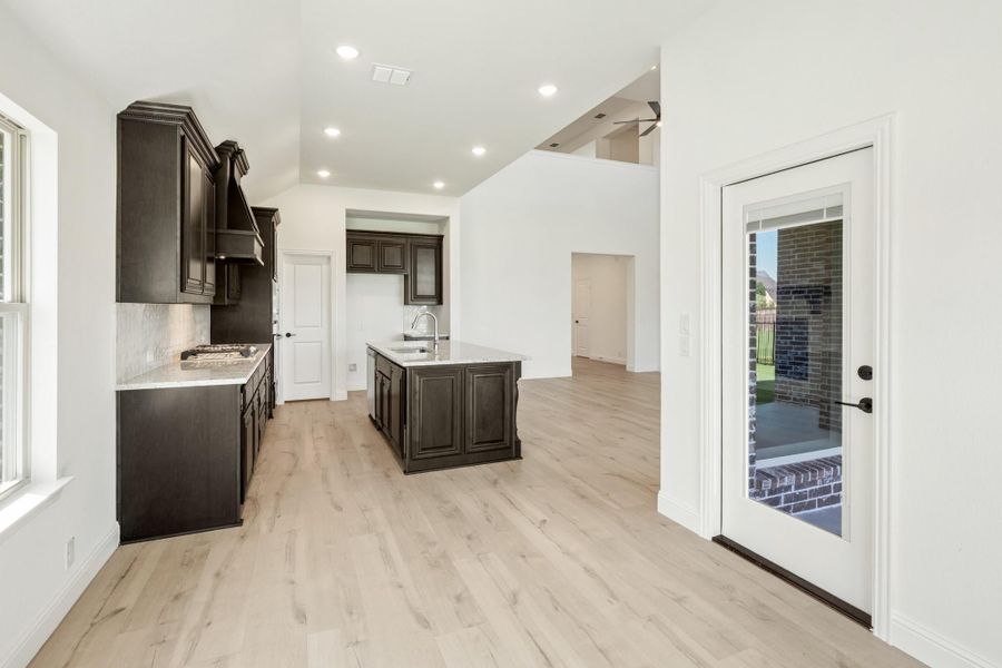 Kitchen with dark wood cabinets, center island with sink, light hardwood floors, and glass back door