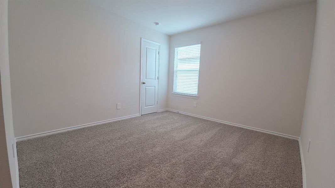 Carpeted room featuring a single window with blinds and a paneled interior door