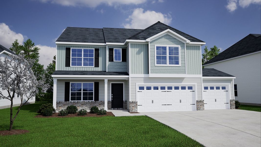 Front exterior of a new home in Burke Estates, Chesnee, SC, highlighting curb appeal (Image 1). Front exterior of a new home in Burke Estates, Chesnee, SC, highlighting curb appeal (Image 1).