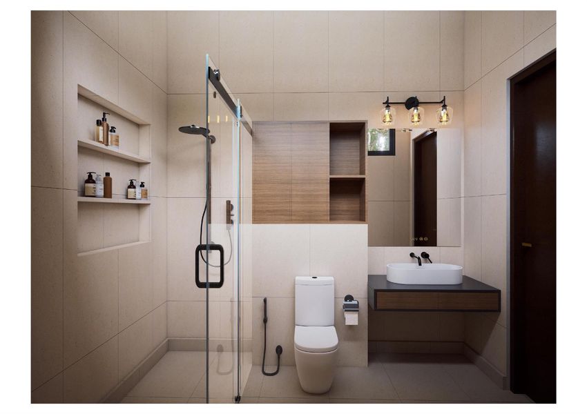 Bathroom featuring a sink, a stall shower, tile walls, toilet, and tile patterned flooring Bathroom featuring a sink, a stall shower, tile walls, toilet, and tile patterned flooring