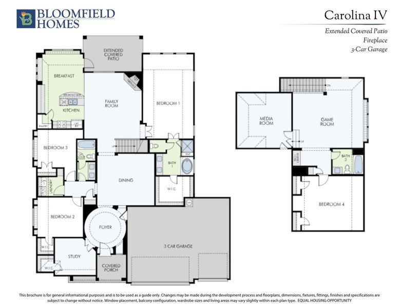 Bloomfield Homes Carolina IV floor plan with four bedrooms, three-car garage, family room, and extended covered patio.