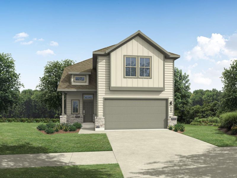 Front exterior of a new home in Trinity Ranch, Elgin, TX, highlighting curb appeal (Image 1). Front exterior of a new home in Trinity Ranch, Elgin, TX, highlighting curb appeal (Image 1).