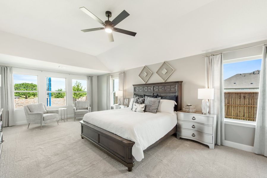 Master bedroom with dark wood bed frame, ceiling fan, carpet floors, and multiple windows with natural light