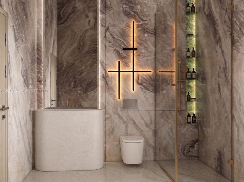 Elegant bathroom with marble accent wall, ambient lighting, and contemporary fixtures.