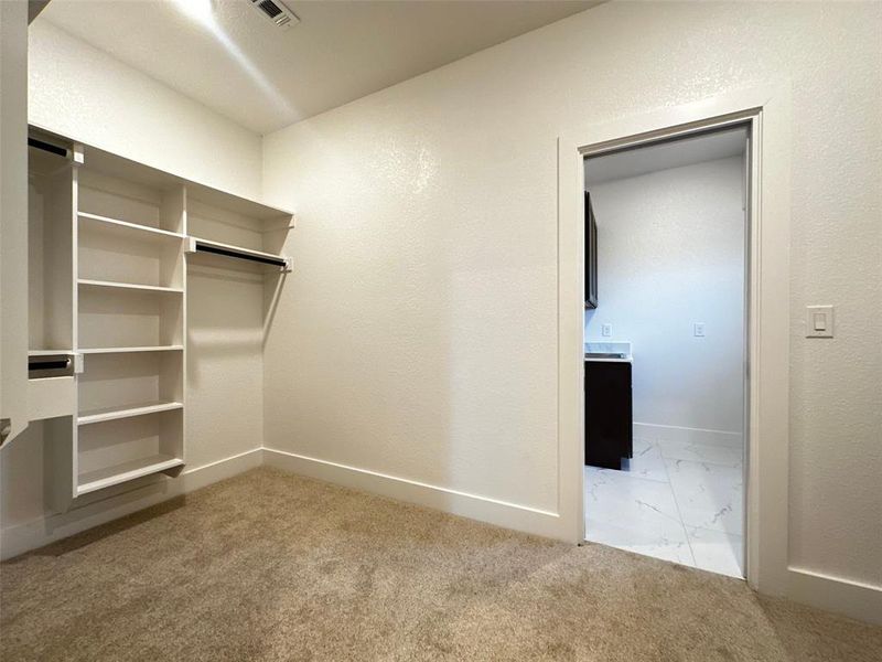 Walk in closet featuring marble finish floor, carpet flooring, and visible vents