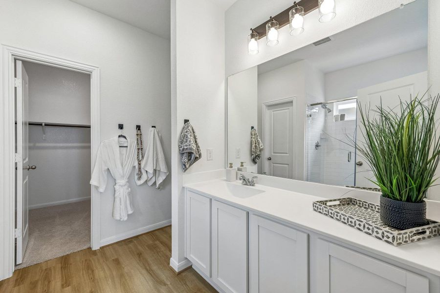 Full bath featuring vanity, light wood-style flooring, a shower stall, and a walk in closet