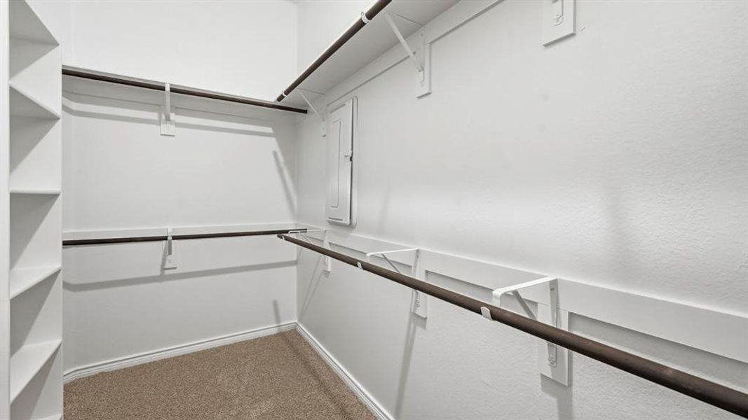 Walk in closet with carpet and electric panel Walk in closet with carpet and electric panel