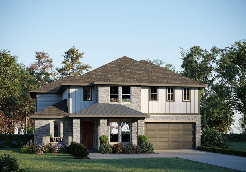 View of front facade with a shingled roof, stone siding, concrete driveway, a garage, and board and batten siding View of front facade with a shingled roof, stone siding, concrete driveway, a garage, and board and batten siding
