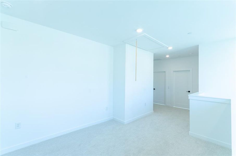 Gameroom featuring attic access, carpet floors, and recessed lighting
