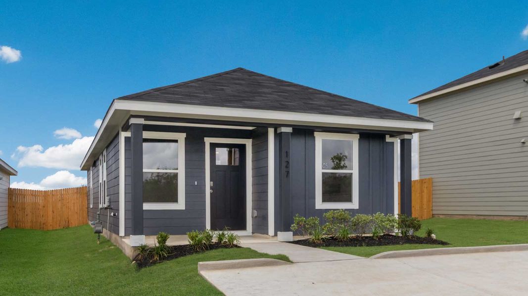 Representative exterior photo of a completed home built from the The Daisy by D.R. Horton in Marigold, Kyle, TX (Image 1). Representative exterior photo of a completed home built from the The Daisy by D.R. Horton in Marigold, Kyle, TX (Image 1).