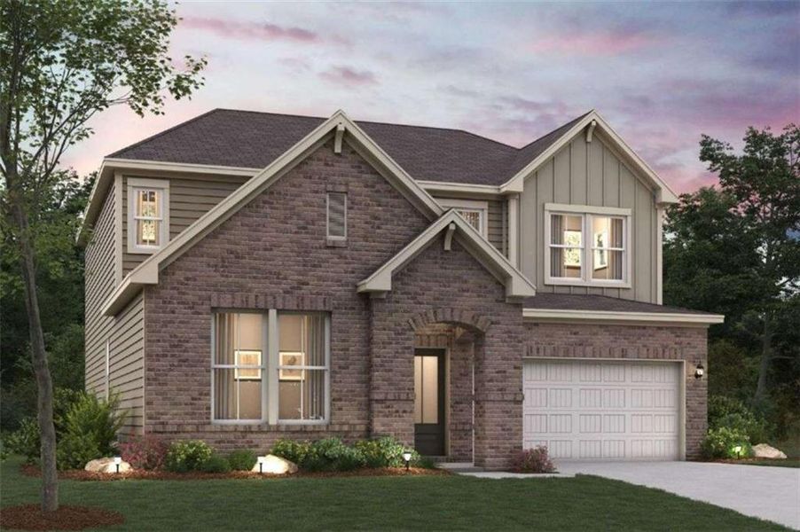 Front exterior of a new home in Kingsley Creek, Lithonia, GA, highlighting curb appeal (Image 1).