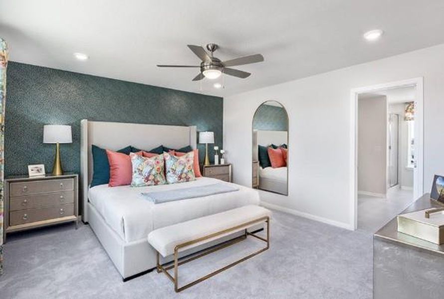 Bedroom with ceiling fan, baseboards, carpet, and recessed lighting Bedroom with ceiling fan, baseboards, carpet, and recessed lighting