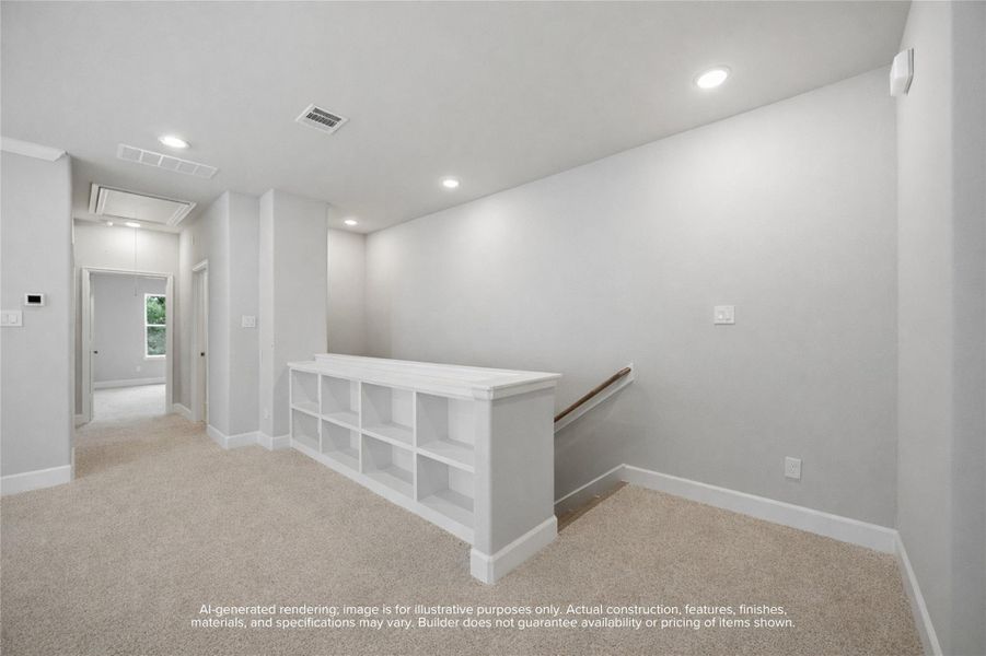 Entertainer's Nook: This game room is perfectly appointed with built-in shelves to showcase your interests and a ceiling fan above to ensure a cool, inviting atmosphere for every play.