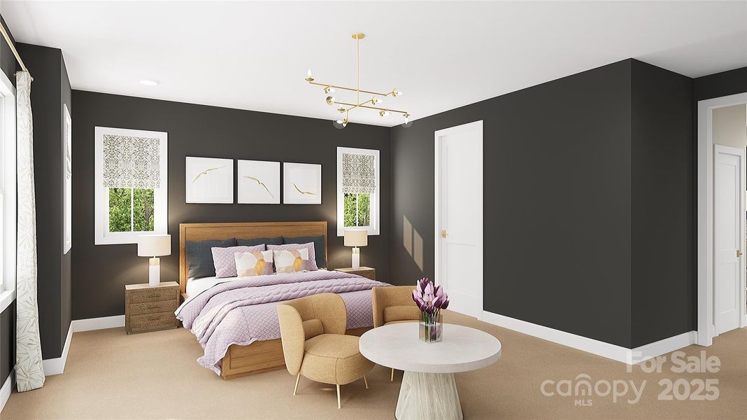 Primary Suite with 9' Ceilings, 8' Doorways, and Bathed in Natural Light. *Virtual Rendering | Actual Finishes, Structural Selections, and Orientation May Vary.