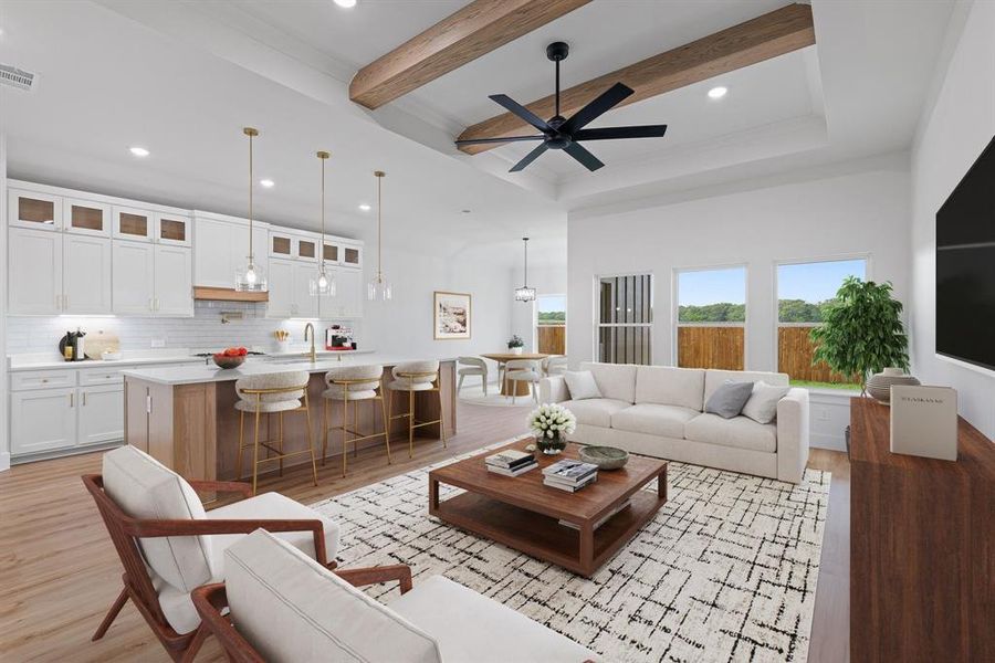Living area with recessed lighting, beamed ceiling, visible vents, light wood-style flooring, and ceiling fan