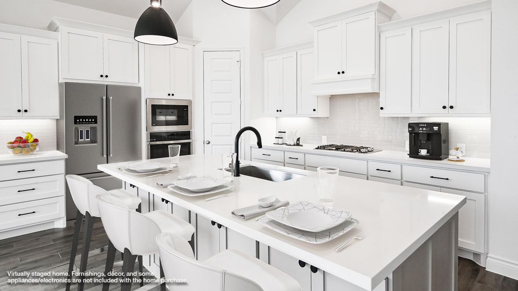 Kitchen with a sink, stainless steel appliances, white cabinets, dark wood finished floors, and decorative backsplash Kitchen with a sink, stainless steel appliances, white cabinets, dark wood finished floors, and decorative backsplash