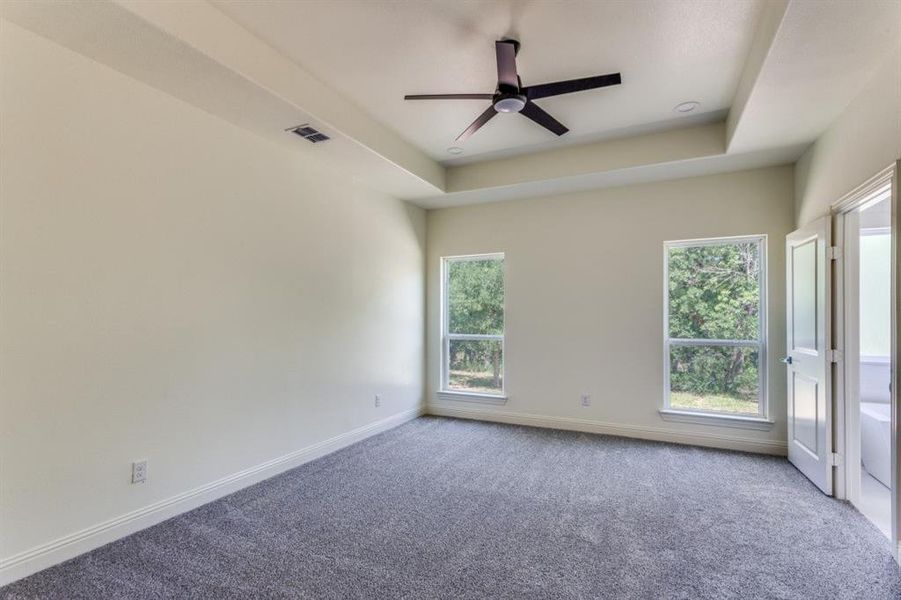 Spare room featuring ceiling fan, carpet flooring, baseboards, and a raised ceiling