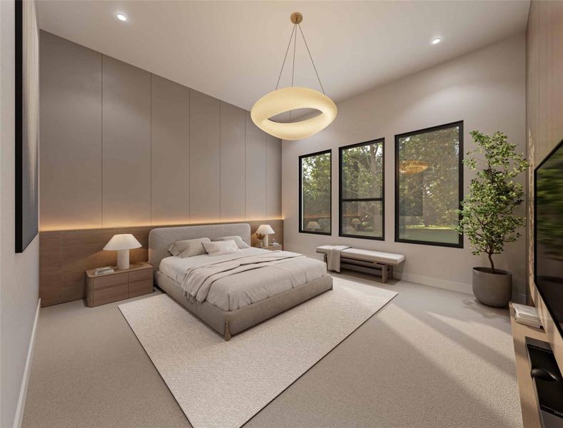 Bedroom featuring light carpet, a decorative wall, and recessed lighting Bedroom featuring light carpet, a decorative wall, and recessed lighting