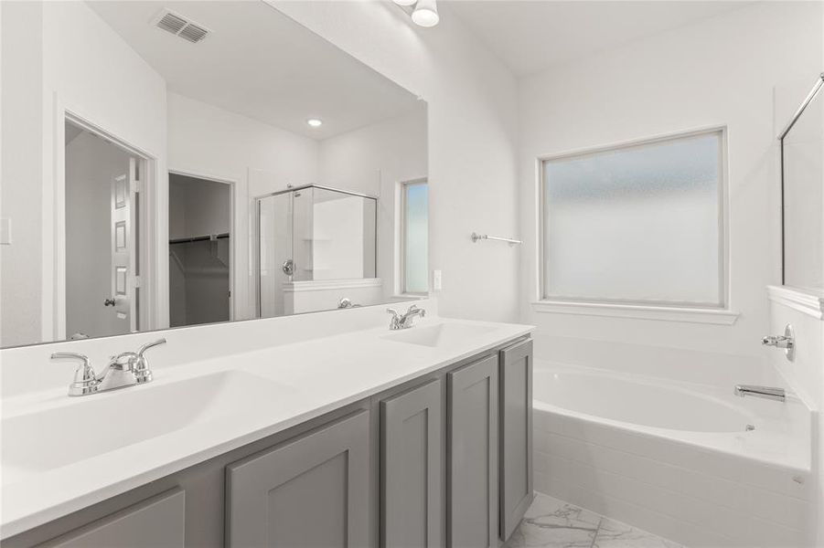 Bathroom featuring vanity and separate shower and tub