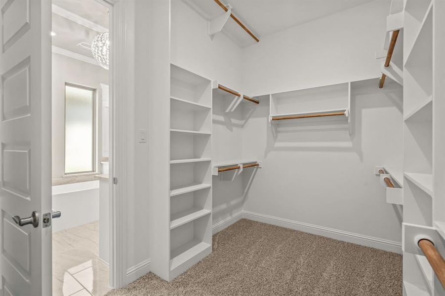 Walk in closet featuring light colored carpet