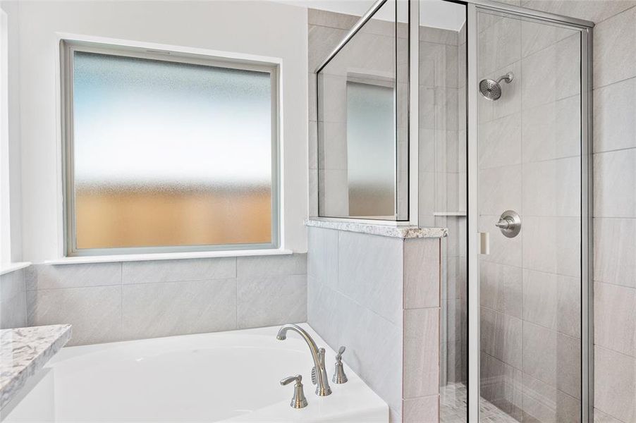 Bathroom featuring a bath, a shower stall, and vanity Bathroom featuring a bath, a shower stall, and vanity