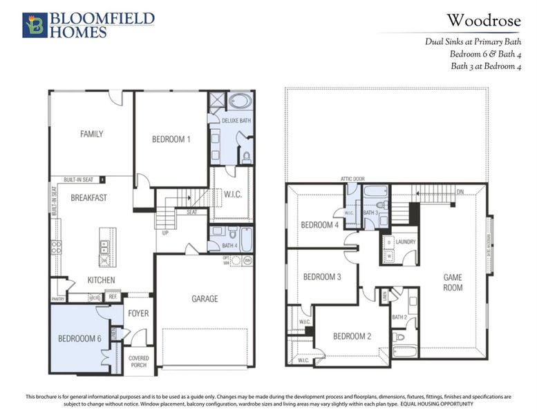 Bloomfield Homes Woodrose floor plan showing two-story layout with six bedrooms, game room, kitchen, and two-car garage.