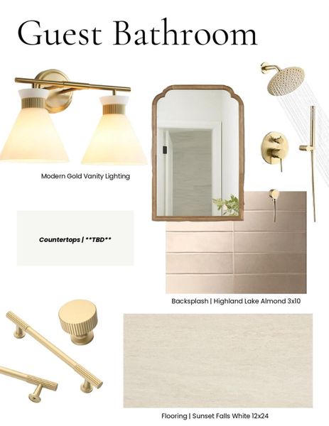 Planned guest bathroom palette featuring quartz countertops, tile, cabinetry, fixtures, and complementary finishes.