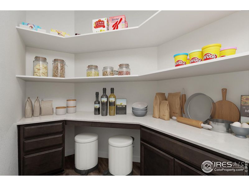 Reimagine the office nook as an additional walk-in pantry. Virtually, changed and staged.