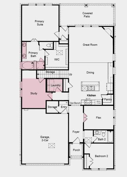 Additional Highlights Include: Study in place of tandem, double doors at flex, powder room in place of storage, 12" pop-up ceiling at primary suite, slide-in tub at primary bath, mud set shower in place of tub at downstairs secondary bath, upstairs full bathroom, and media room