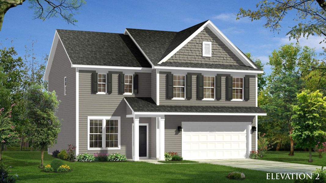 Representative exterior photo of a completed home built from the Elmhurst by DRB Homes in Provisions at Courtland, Sanford, NC (Image 2). Representative exterior photo of a completed home built from the Elmhurst by DRB Homes in Provisions at Courtland, Sanford, NC (Image 2).