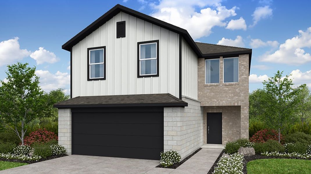 Front exterior of a new home in Sunfield, Buda, TX, highlighting curb appeal (Image 1). Front exterior of a new home in Sunfield, Buda, TX, highlighting curb appeal (Image 1).