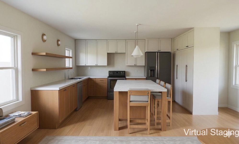 Rendered view with virtual staging of kitchen with eat-in dining island