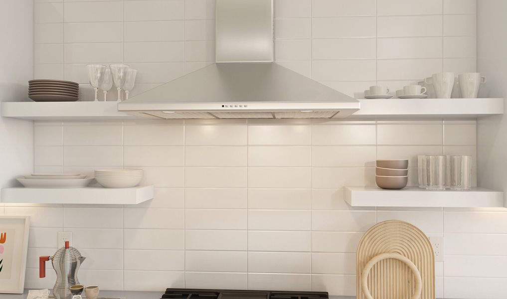 Subway tile backsplash and floating shelves