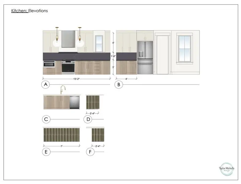 Kitchen Elevations. Depicting the various views and dimensions of the kitchen design for the property