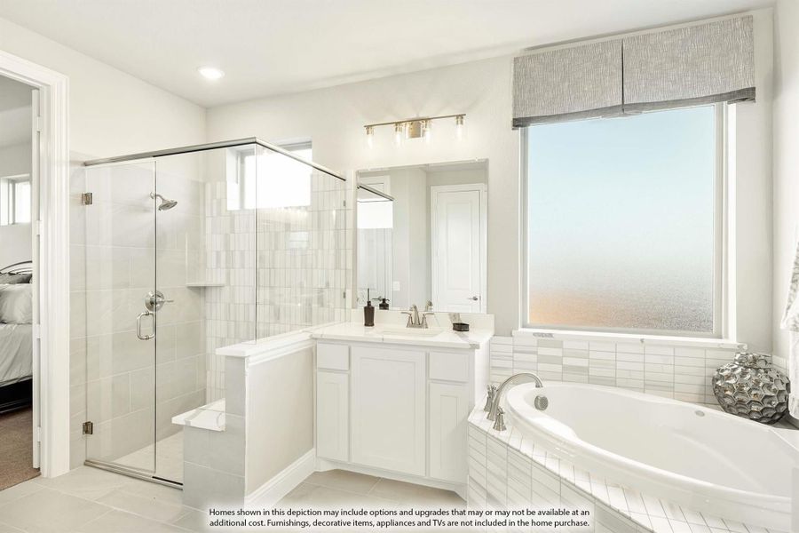Master bathroom with glass walk-in shower, soaking tub, white vanity, and frosted window