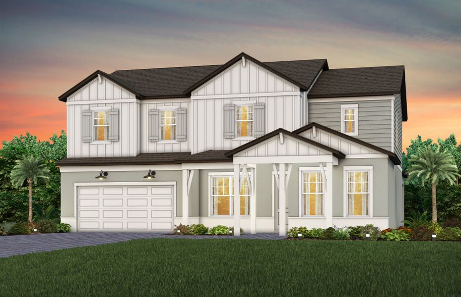 Representative exterior photo of a completed home built from the Newlyn by Pulte Homes in Waterset, Apollo Beach, FL (Image 14). Representative exterior photo of a completed home built from the Newlyn by Pulte Homes in Waterset, Apollo Beach, FL (Image 14).
