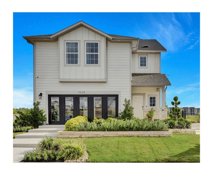 Front exterior of a new home in Pinnacle at Cottonwood Creek, San Marcos, TX, highlighting curb appeal (Image 1). Front exterior of a new home in Pinnacle at Cottonwood Creek, San Marcos, TX, highlighting curb appeal (Image 1).