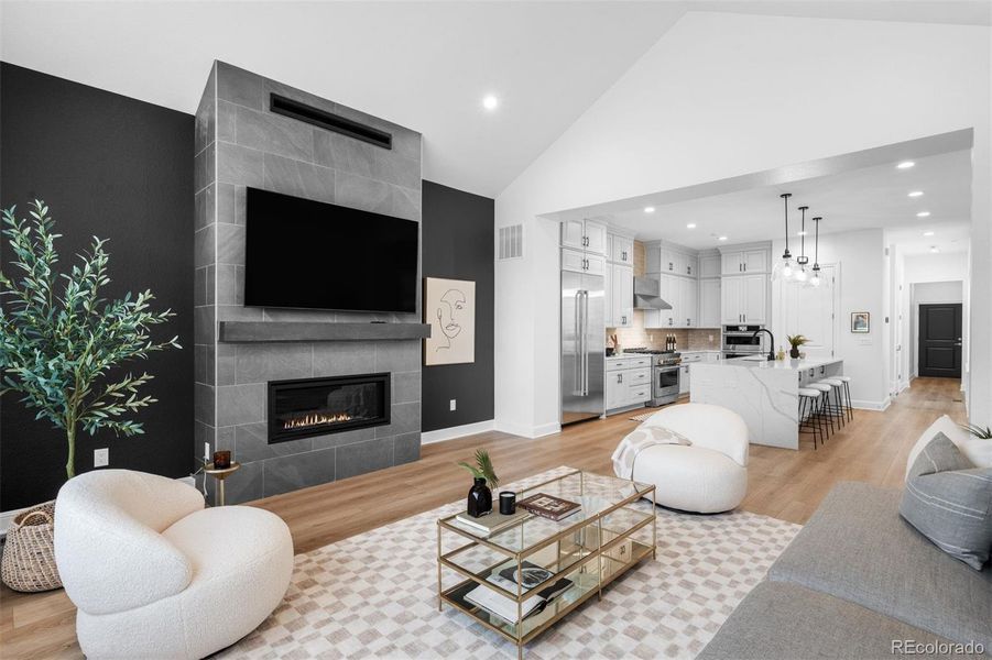 Sleek gas fireplaces the focal point of main living