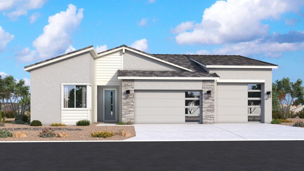 Representative exterior photo of a completed home built from the Horseshoe by DRB Homes in Windrose, Waddell, AZ (Image 3).