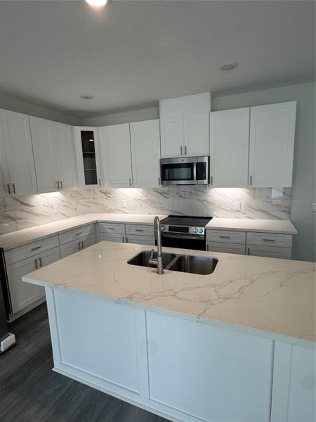 kitchen with large island, 42" cabinets, exquisite granite, sink in island, under cabinet lighting